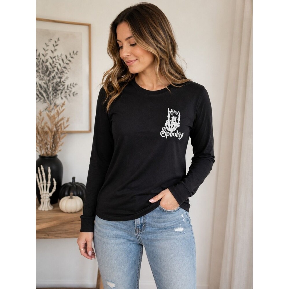 HG Creations Stay Spooky Skeleton Hand Long Sleeve Tee | Halloween Graphic Shirt